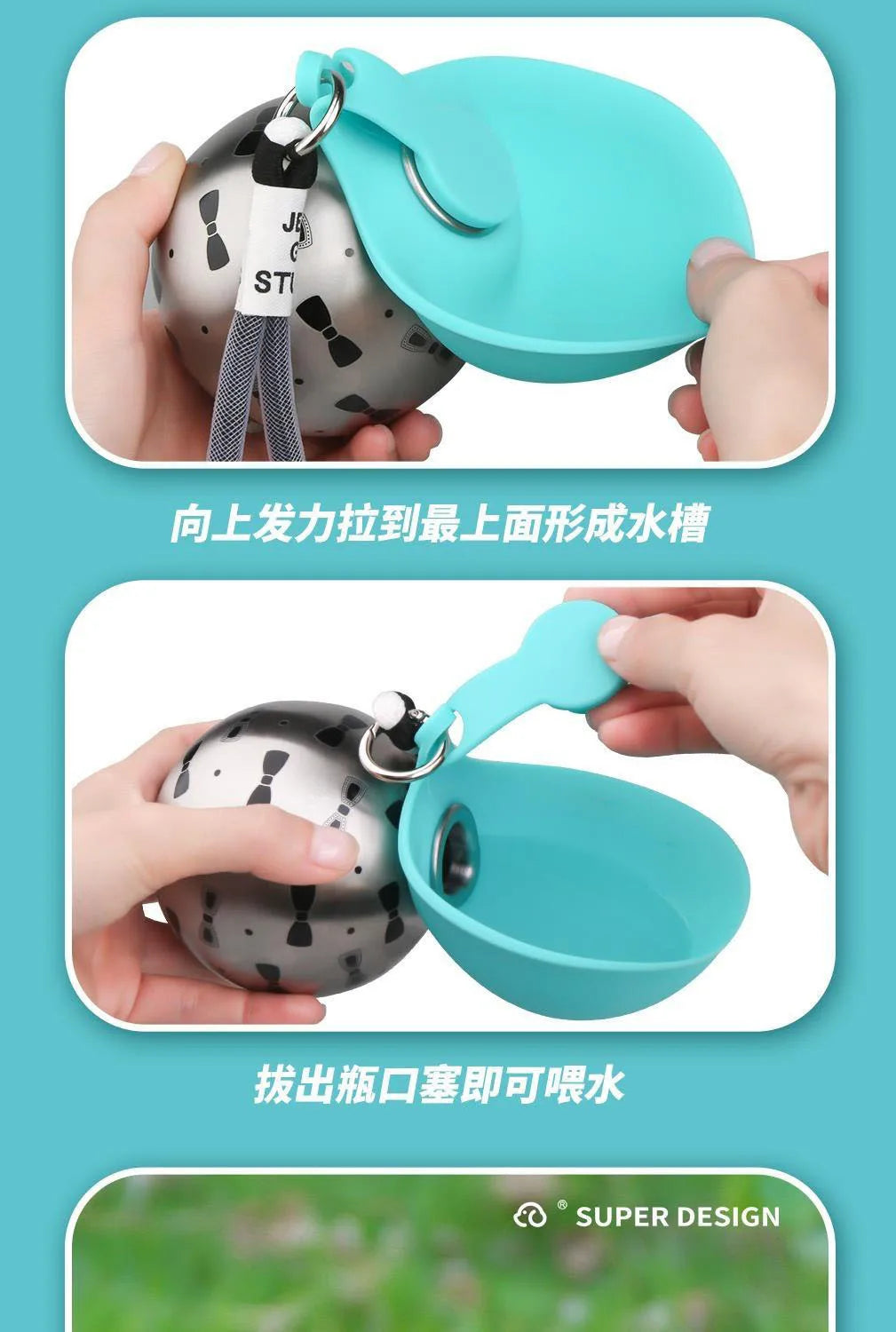 Pet Supplies Dogs Go Out Portable Drinking Pot 300ML Stainless Steel Hook Spherical Reflowable Folding Water Dispenser.