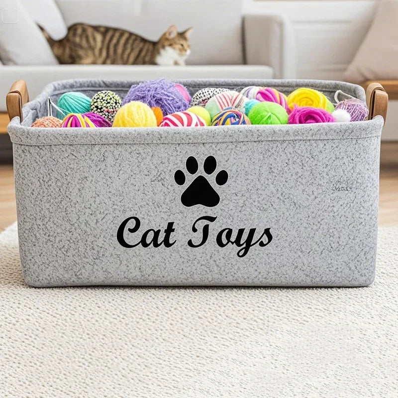1pcs Cat Supplies Storage Basket Felt Material Cat Toy Organizer Basket With Handle Large Capacity Pet Supplies Organizer Box