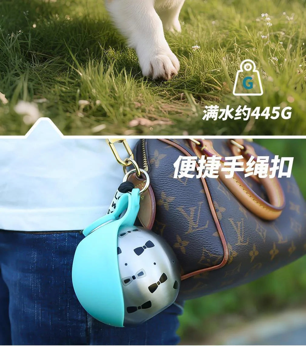 Pet Supplies Dogs Go Out Portable Drinking Pot 300ML Stainless Steel Hook Spherical Reflowable Folding Water Dispenser.