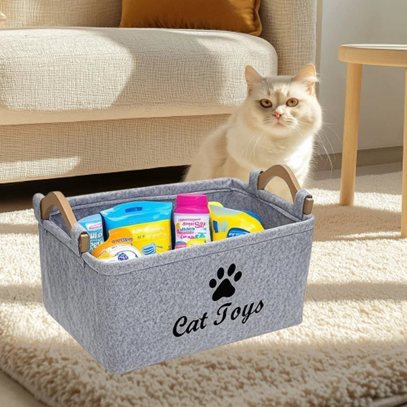 1pcs Cat Supplies Storage Basket Felt Material Cat Toy Organizer Basket With Handle Large Capacity Pet Supplies Organizer Box