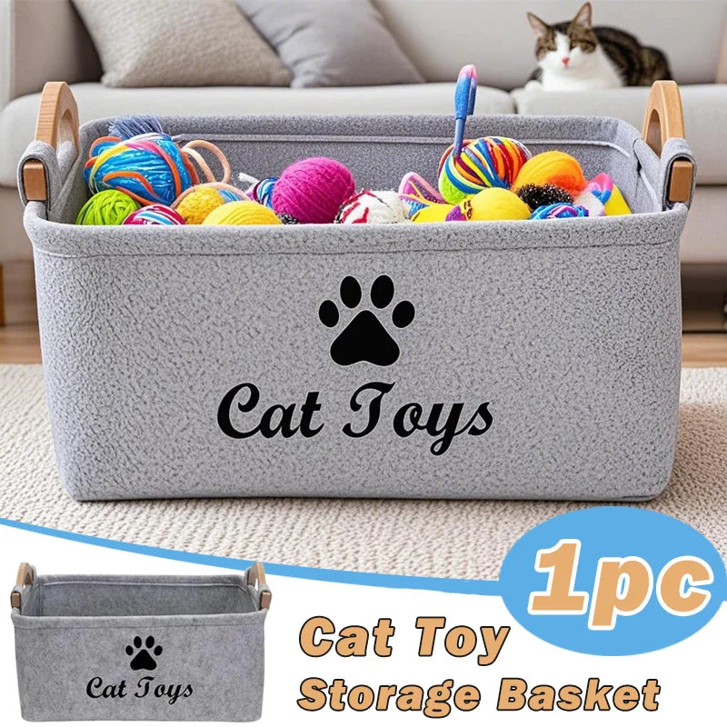 1pcs Cat Supplies Storage Basket Felt Material Cat Toy Organizer Basket With Handle Large Capacity Pet Supplies Organizer Box