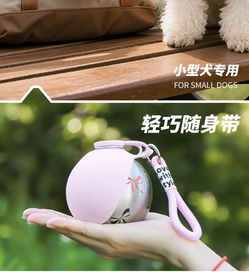 Pet Supplies Dogs Go Out Portable Drinking Pot 300ML Stainless Steel Hook Spherical Reflowable Folding Water Dispenser.